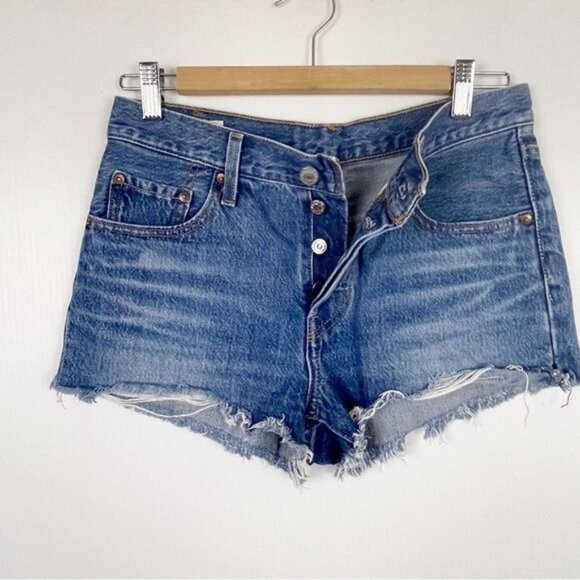 Levi's 501 premium High waisted Raw hem denim Shorts size 27 - Picture 3 of 9